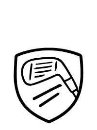 Black and white icon of a golf club and ball on a shield