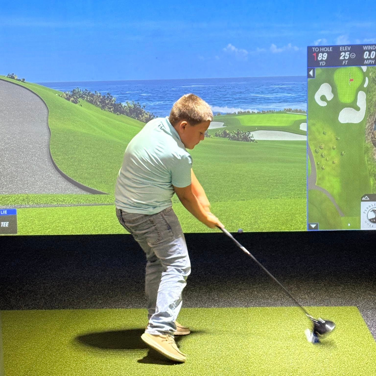 Person practicing golf swings in a simulator with a scenic display on the screen.