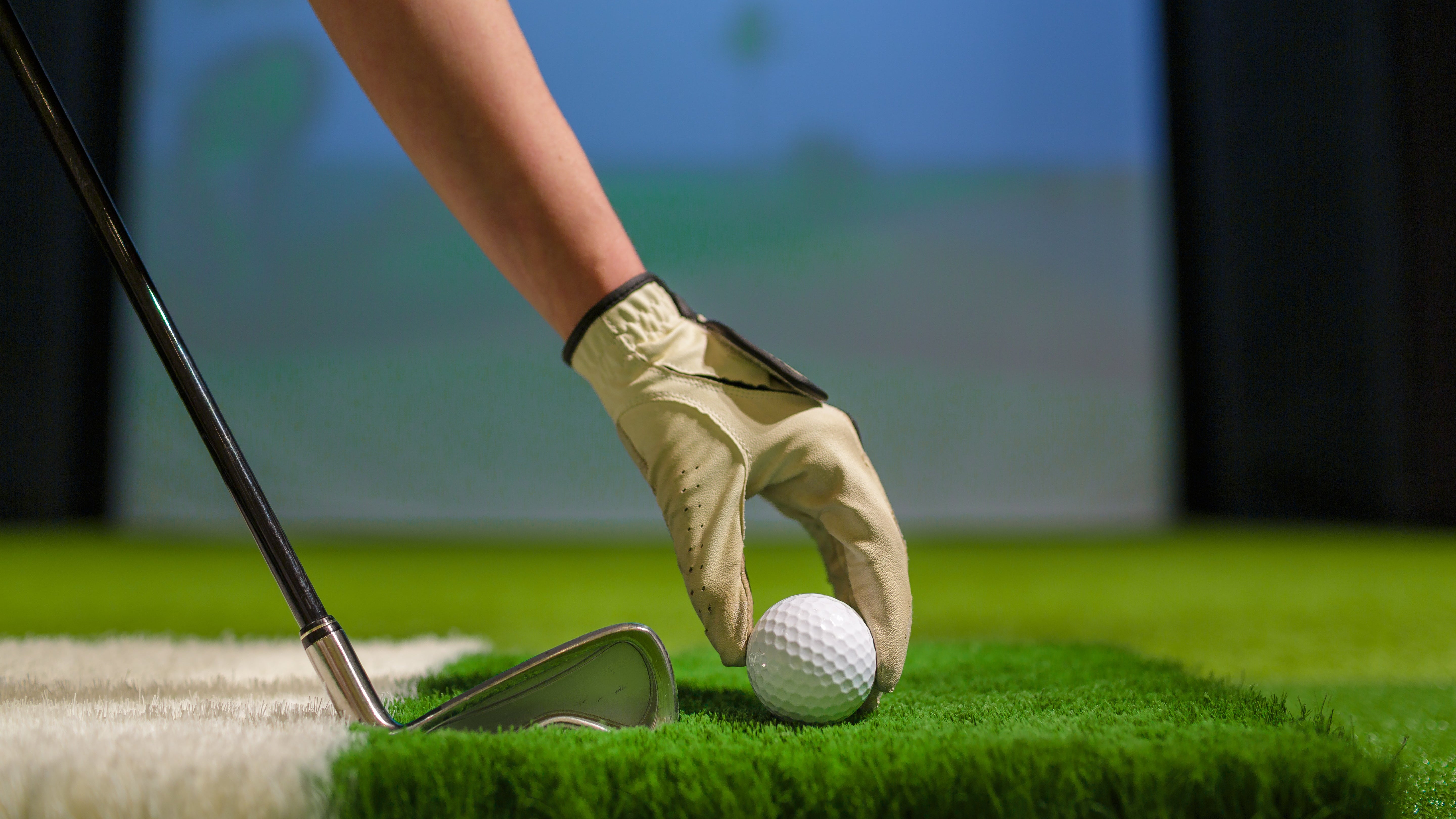 Golf club and ball on a green surface with a blurred background