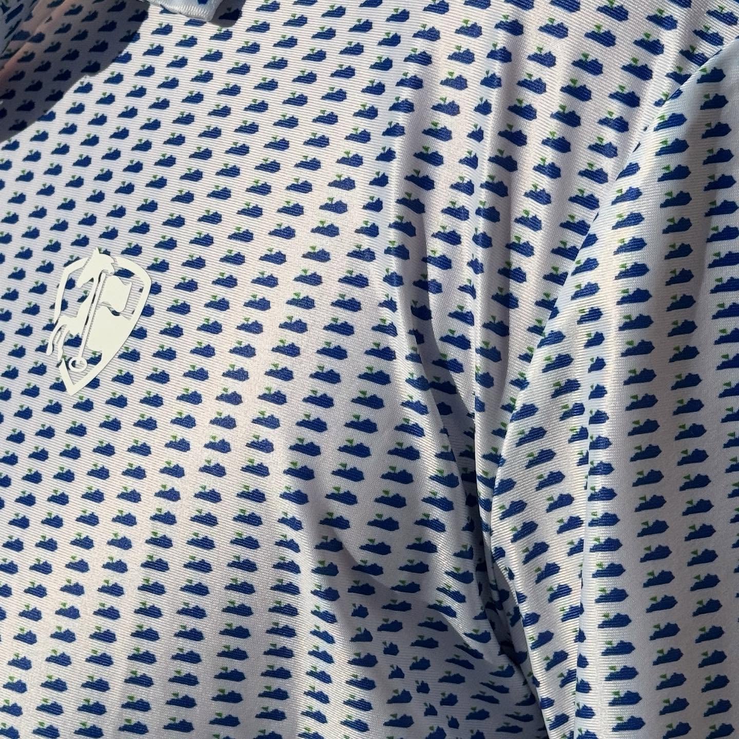 Close-up of fabric with blue kentucky golf pattern on a white background
